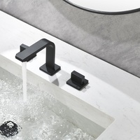 Robinet de salle de bain noir mat à 3 trous, bec arqué carré, poignée cubique carrée, base carrée, design géométrique moderne