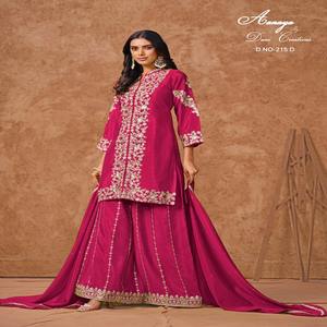 ชุดปาร์ตี้ออกแบบโดยดีไซเนอร์ของผู้หญิงผ้าไชน็อนปักลายสวยงามเสื้อสไตล์ปาลาซโซและ dupatta แฟชั่นชั้นสูงแบบใหม่ - Product Image 1