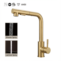 Robinet de cuisine flexible en acier inoxydable SUS 304 doré brossé avec jet cascade et pulvérisation laminar, mitigeur eau chaude et froide