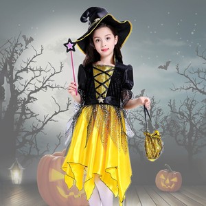 Disfraz de bruja para niños, vestido amarillo de cosplay con sombrero y varita para fiesta de Halloween, edad de 8 a 13 años - Product Image 1