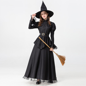 Conjunto de disfraz de bruja negra, vestido de manga larga, sombrero, cinturón, traje de cosplay para Halloween, talla única para mujer adulta - Product Image 2