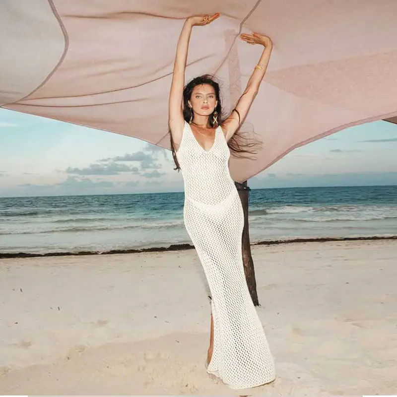 100% Cotton V Neck Slip Maxi Dresses Clothing Backless Summer Sexy White Beach Dress Long Linen Crochet Casual Dress For Women