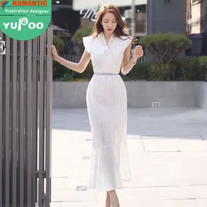 재고 판매 2024 새로운 여성 의류 도매 패션 의류 우아한 캐주얼 드레스 한국 스타일 V-넥 슬림 드레스 여자