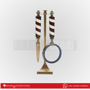 Loupe en laiton et couteau à papier avec manche en corne et support, style antique, loupe de bureau en laiton massif, cadeau de lecture - Product Image 1