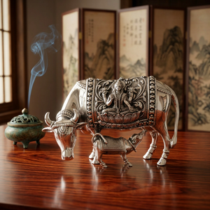 Estatua Religiosa Intrincada de Kamdhenu, Ídolo de Vaca y Ternero, Decoración Tradicional para Templos Hindúes, Tallados en Plata Pura con Relieves de Divinitades, Decoración para el Hogar - Product Image 6