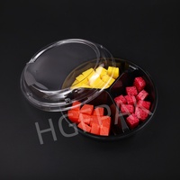 Boîte alimentaire jetable en plastique PET/RPET transparente, écologique, ronde, 180 mm, 3 compartiments, pour fruits, noix, en-cas, salades, à emporter