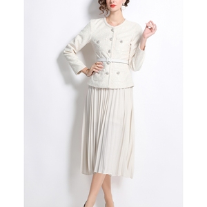 Elegant Women's Temperament Autumn New Set Coarse Flower <strong>Coat</strong>+chiffon Half <strong>Skirt</strong> Two-piece Dress Set - Product Image 5