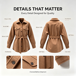 Veste chemise ceinturée pour femme, col à revers, coupe ample, en polyester imitation laine, manteau décontracté automne-hiver, vêtement d'extérieur, OEM ODM personnalisé - Product Image 6