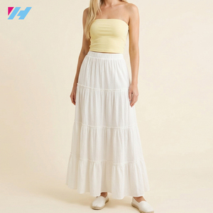 Jupe longue blanche élégante et décontractée pour femme, coupe trapèze à volants, taille haute, vente en gros personnalisée pour l'été - Product Image 1