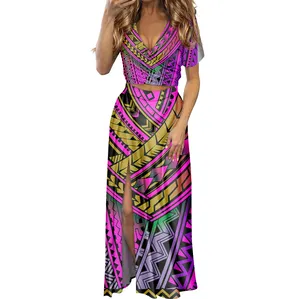 Samoa Polynésien Traditionnel Tatouage Tribal 2 pièces Grande taille violet femmes robe Manches Courtes Col En V Dames Sexy Robes