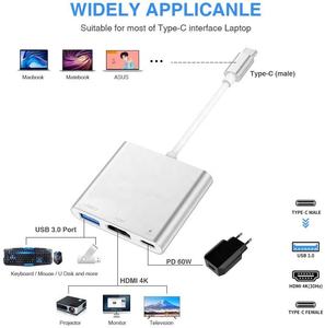 Adaptateur de concentrateur <span class=keywords><strong>USB</strong></span> <span class=keywords><strong>C</strong></span> en alliage d'aluminium 3-en-1 de type <span class=keywords><strong>C</strong></span> vers <span class=keywords><strong>c</strong></span>âble convertisseur HDTV + USB3.0 + PD en stock - Product Image 2