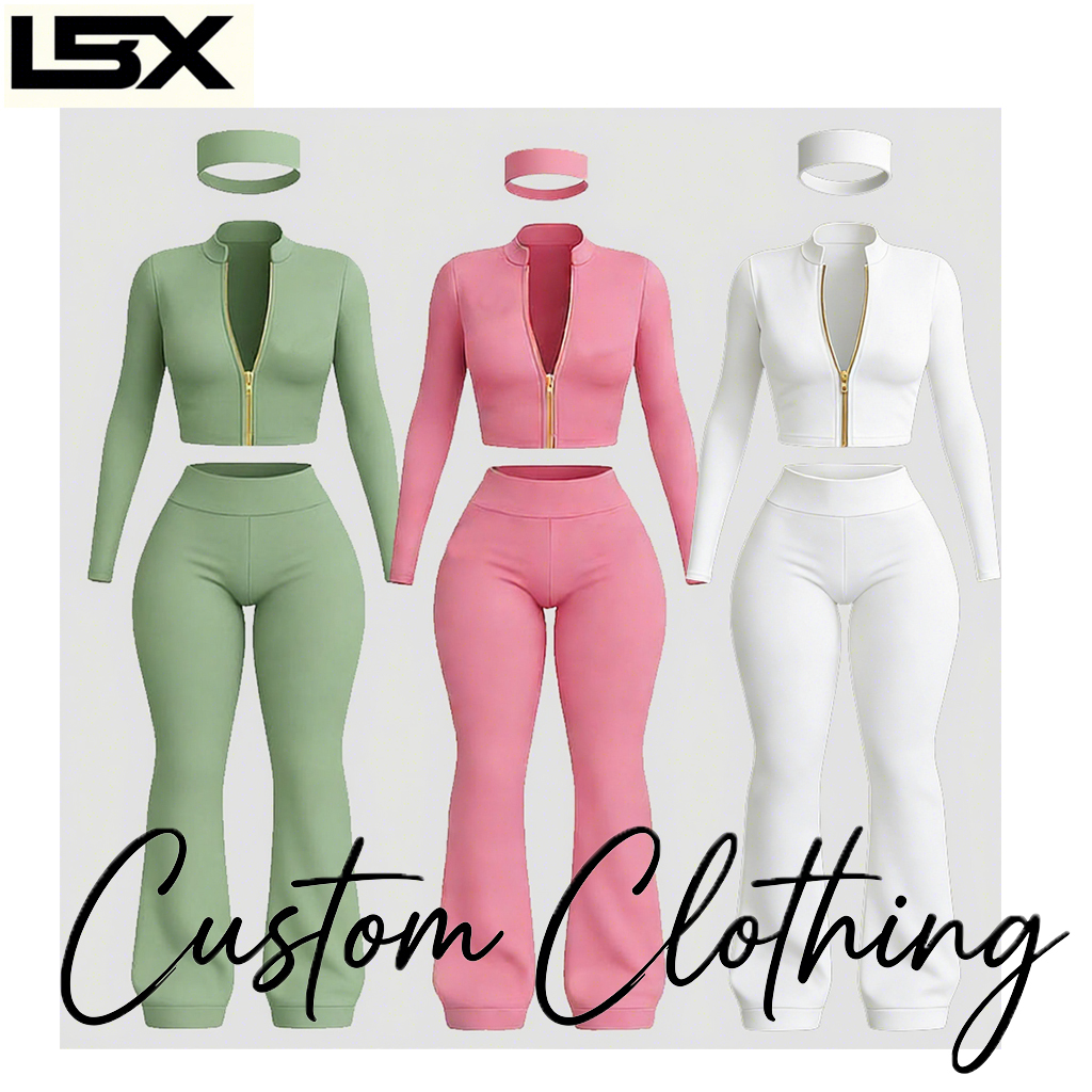 Customized Fitness Set with Full Zipper Yoga Top and Flared Pants Paired with Headband, Three Piece Fitness Set