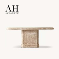 Table console sur piétement en pierre scandinave haut de gamme, plateau épais en marbre beige, base à niveaux pour salon et chambre, personnalisable OEM/ODM