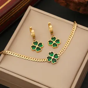 3 pcs/set Green Rhinestone Four Leaf Clover Necklace Earring Set Adjustable Bracelet Gold Chain Women Fine Jewelry Accessories