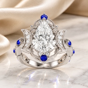 Gothic Crown <b>Ring</b> with <b>White</b> Topaz, 925 Sterling Silver Pear Cut Blue <b>Sapphire</b> Crescent Moon Milgrain, Custom Wedding Jewelry - Product Image 3