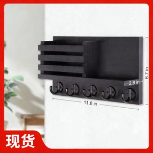 Wall-mounted Key Holder Wooden Mail Rack Black Charred Entryway <b>Shelf</b> With <b>Hooks</b> For Keys And Storage - Product Image 5