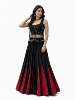 Set Lehenga Choli Wanita Warna Hitam Merah Anggur, Blus Berhias Rumbai, Rok Panjang Melebar, Pakaian Pesta