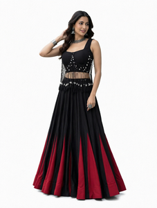 Black <b>Red</b> Floor-Length Lehenga Set With Beaded Crop Top Traditional Party Wear <b>For</b> <b>Women</b> India Pakistan Style - Product Image 1