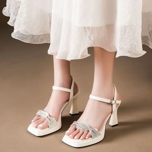 Sandales à talons Y5765 pour femmes, été, bout ouvert, talon épais, strass argentés, tendance mode - Product Image 2