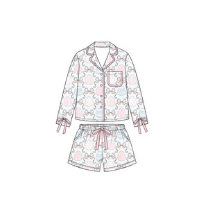 Pyjamas de Pâques personnalisés pour enfants, imprimé lapin et œuf mignon sur toute la surface, haut à manches longues boutonné, short à taille élastique - Product Image 5