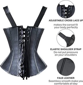 Corsé gótico Steampunk de piel sintética para mujer, corsé negro Punk de cintura ancha - Product Image 3