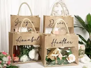 Fabrikgroßhandel ökologischer individueller Druck Hochzeitsgeschenk-Tote-Tasche Gunny Burlap Jute-Tote-Taschen mit PVC-Fenster zum Einkaufen