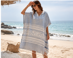 Commercial Beach Hooded Poncho Towel Wholesale Turkish Cotton Striped Fringed Changing Towel Robe For Surf Beach - Product Image 4