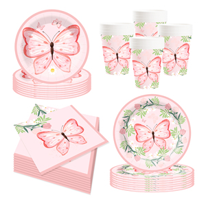 DAMAI Nuevo Kit de Vajilla de Papel con Diseño de Mariposas, Platos Desechables Rosas para Decoración de Fiestas de Cumpleaños de Niñas - Product Image 1
