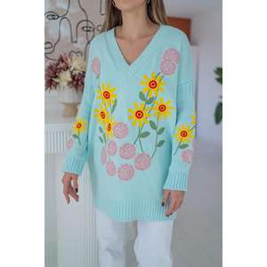 Suéter de Mujer con Bordado Floral Azul, Informal, de Manga Larga, Tejido Antipilling - Product Image 1