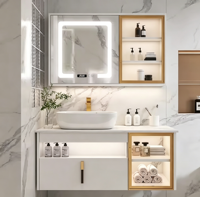 Meuble-lavabo flottant blanc étanche IPX4 à tiroir unique, nouveau modèle, avec porte en verre, éclairage LED et plateau en marbre, idéal pour hôtel
