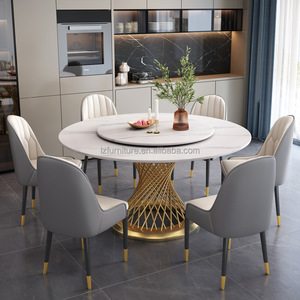 Ensemble de tables à manger rondes contemporaines avec plateau en dalle de roche, base en cage métallique dorée, 6 chaises rembourrées, meubles pour la maison, le restaurant, la villa - Product Image 1