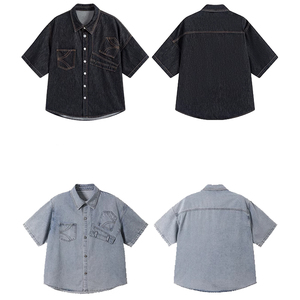 Pantalon inversé personnalisé avec chemise à manches courtes en jean dépareillé Chemise en jean noir Blouses pour femmes Chemises - Product Image 4
