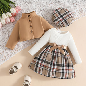 Ensemble Robe Automne-Hiver pour Filles de 0 à 3 <span class=keywords><strong>Ans</strong></span> avec Veste Manches Longues en Velours, Jupe à Carreaux Ceinturée et Béret – Ensemble Trois Pièces - Product Image 1