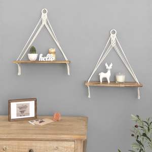 Modern Macrame Hanging <strong>Shelves</strong> Rustic <strong>Wood</strong> Floating Storage Set 2 Bedroom Bathroom Kitchen Wardrobe Living Room Nursery Dorm - Product Image 4
