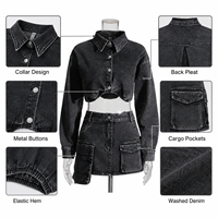 Ensemble deux pièces en jean pour femme de haute qualité : veste courte en denim extensible en coton et jupe longue unie au-dessus du genou