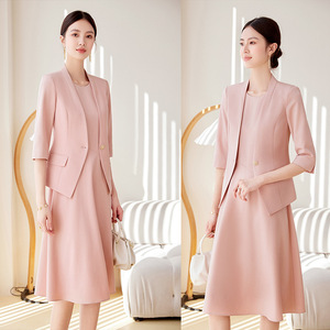 Women's Apricot Blazer Dress Set Slim Fit Solid Color Anti-Wrinkle Work Wear - Product Image 2