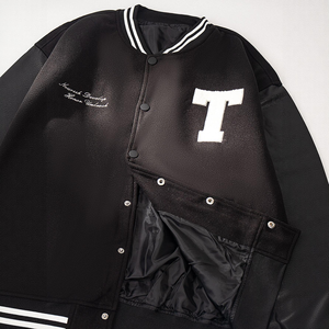 Veste universitaire unisexe personnalisée avec logo frontal, couleur unie premium, uniforme de baseball tendance, veste bomber en toile, col en V, polyester/coton 360g - Product Image 2