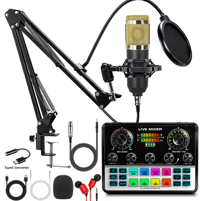 Recording Studio Podcast Microphone Sound Card Equipment Kit Optional Cantilever & Desktop Stand 1200mAh 180Min Battery Life Mic