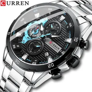 CURREN 8402 popular official mens quartz watch steel band water proof 3 dials Chronograph stock original wrist watch for men