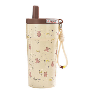 แก้วกาแฟลายหมีน่ารัก 500 มล. ภายในทำจาก SUS316L ภายนอกเป็นสแตนเลส พร้อมหลอดดูดและสายคล้องคอแบบพกพา สามารถสกรีนโลโก้ได้ - Product Image 2