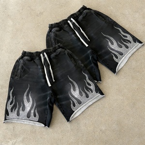 Shorts en jean pour hommes, coupe droite, délavage vintage, imprimé intégral, strass, style streetwear, été, décontracté, vente en gros sur mesure - Product Image 2