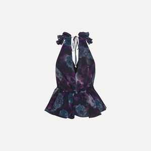 Robe courte pour femme en velours 3D floral non tissé 100% soie, cintrée à la taille, plissée, imprimée par décharge, dégradé d'encre, à volants, col en V - Product Image 1