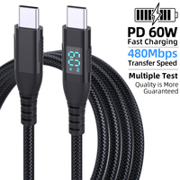 Kabel Pengisian Daya Cepat 3A LED Digital Display Terlaris, Kabel Data Pengisian Daya Tipe C ke Tipe C Berbahan Nilon Kepang