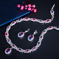 Elegante Juego de Collar y Aretes de Cristal de Circonita Cúbica con Forma de Hoja Ovalada Arcoíris Místico para Mujer, Joyería para Fiesta de Noche, Regalo