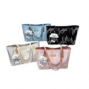 New <b>Large</b> Canvas <b>Tote</b> <b>Bags</b> for Women Kawaii Cute Embroidery <b>Zipper</b> Closure Fashion Rain Bow Color <b>Bags</b> for Daily Commuting - Product Image 4