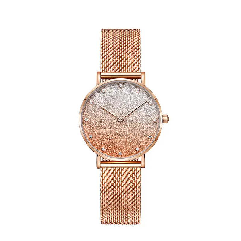 Gradient Stary Sky Crystal Dial Milan Mesh Wrist Watches Rome Rose Gold Watch For Women Lady Quality Luxury Minimalist Watch