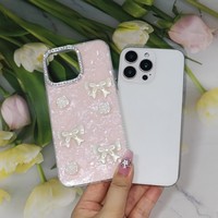 Coque de téléphone 3D Nœud Rose avec cadre d'appareil photo en strass scintillant, antichoc pour iPhone X 11 17 18 Pro Max, Samsung Redmi OPPO