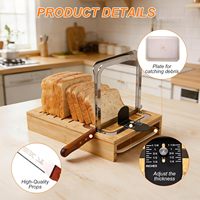 Trancheuse à pain en bambou BH à épaisseur de coupe réglable et largeur de pain ajustable, avec couteau à pain et plateau à miettes, pour pains faits maison