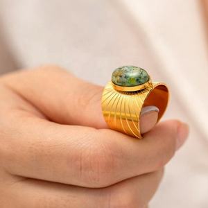 Bague ouverte minimaliste en acier inoxydable plaqué or 18 carats, étanche, avec turquoise, bijoux tendance HipHop, bagues larges pour femmes - Product Image 3