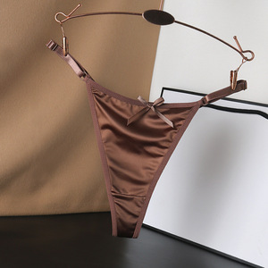 Culottes string en satin pour femmes, avec joli nœud, bretelles fines réglables, taille basse, lingerie T-back, couleur unie, ultra-fines, en soie glacée, OEM ODM - Product Image 4
